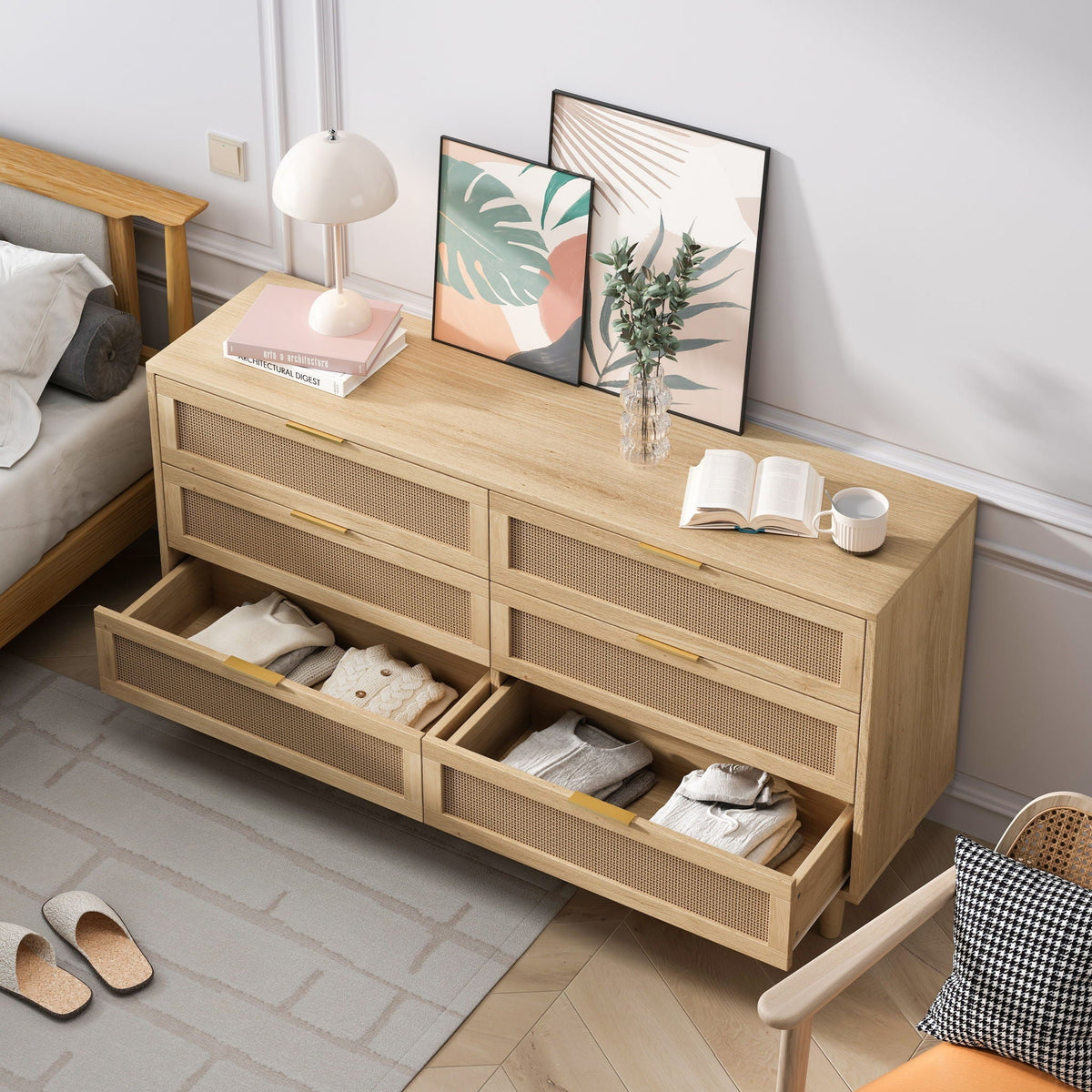 6 Drawer Storage Cabinet with Modern Rattan Drawers - Light Brown, Black, or White