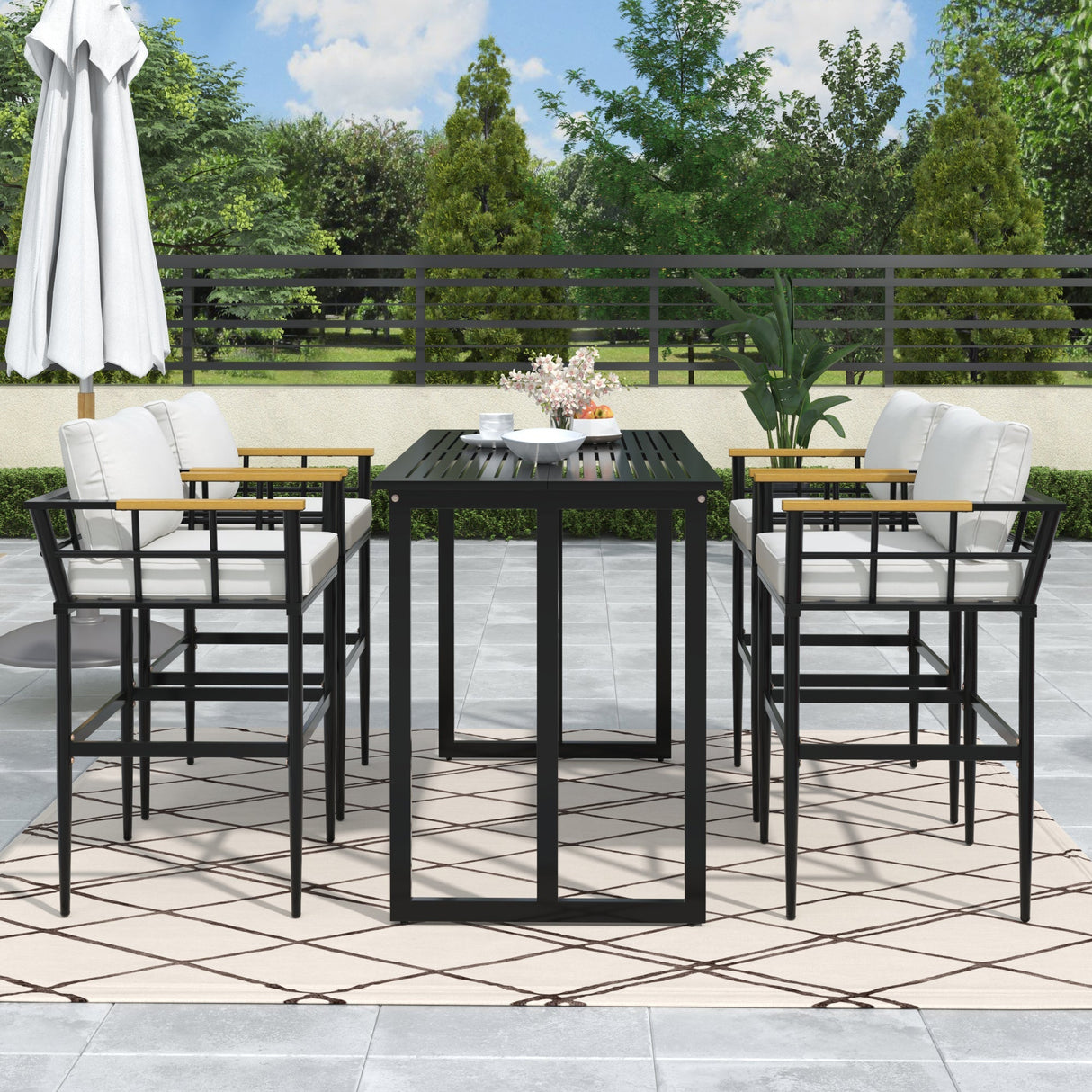 Iron Outdoor Dining Set with Acacia Wood Armrest