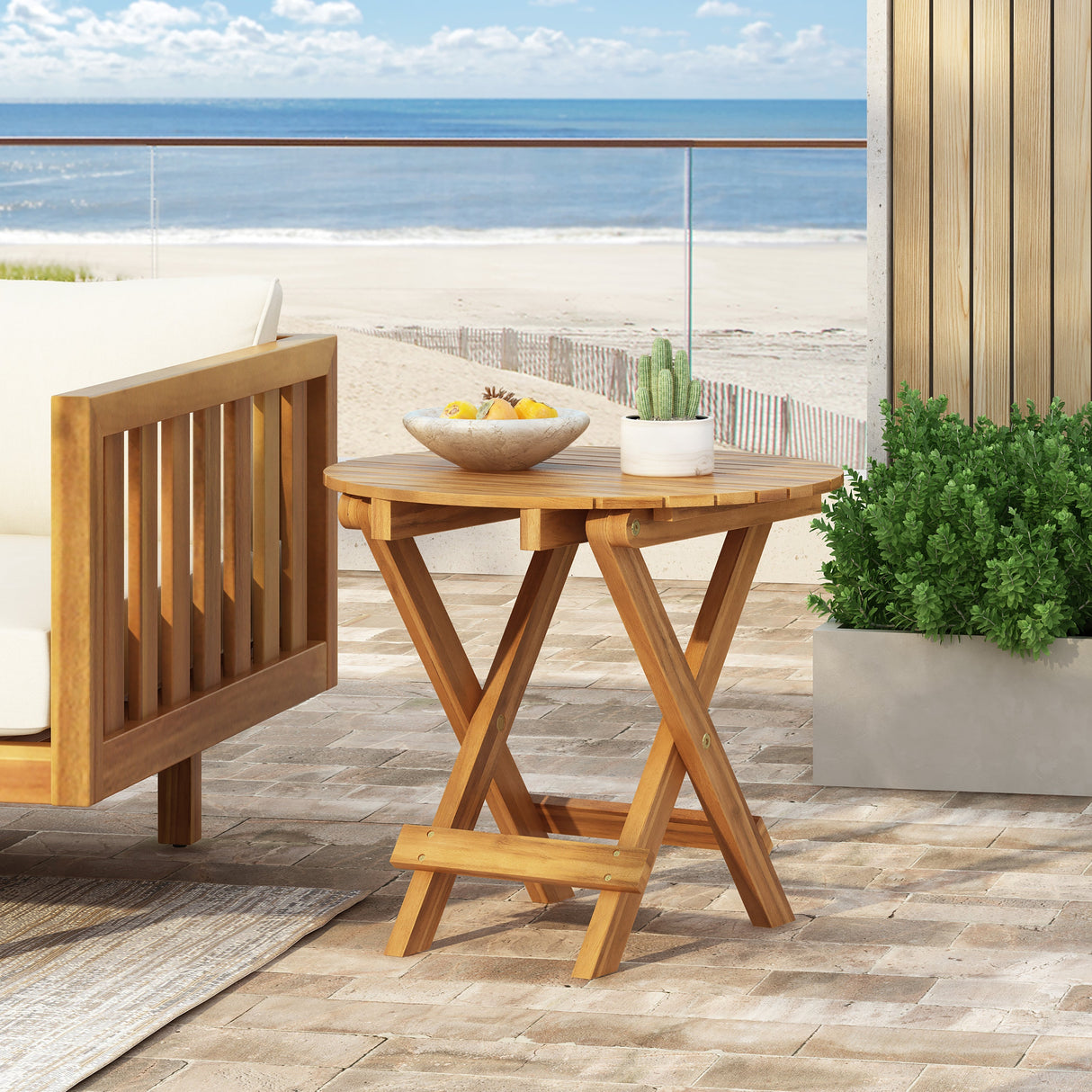Patio Conversation Set with Foldable Acacia Wood Side Table and Cushions
