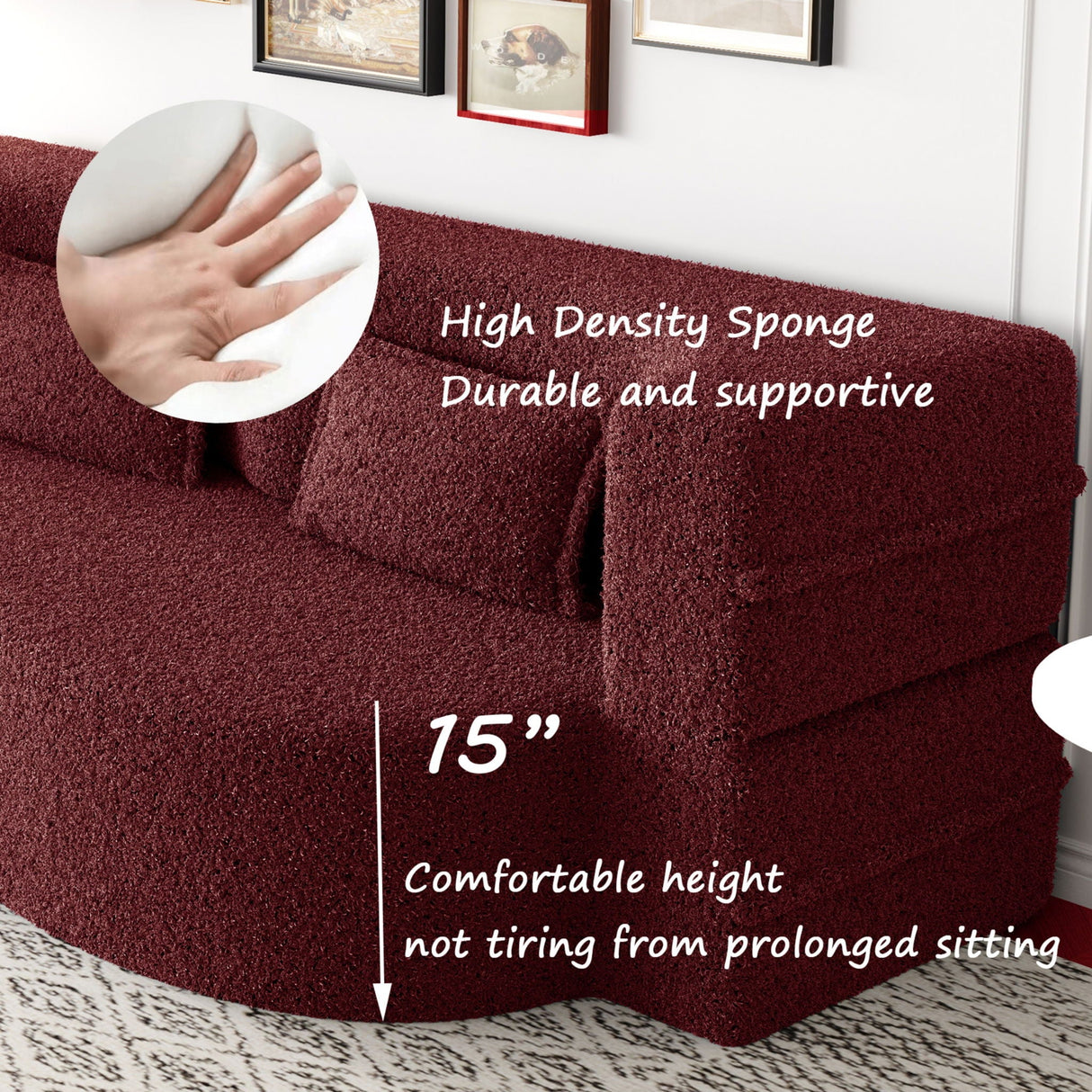 Modern Floor Sofa, With 2 Pillows, Convertible Teddy Fabric Foam Filled Bed