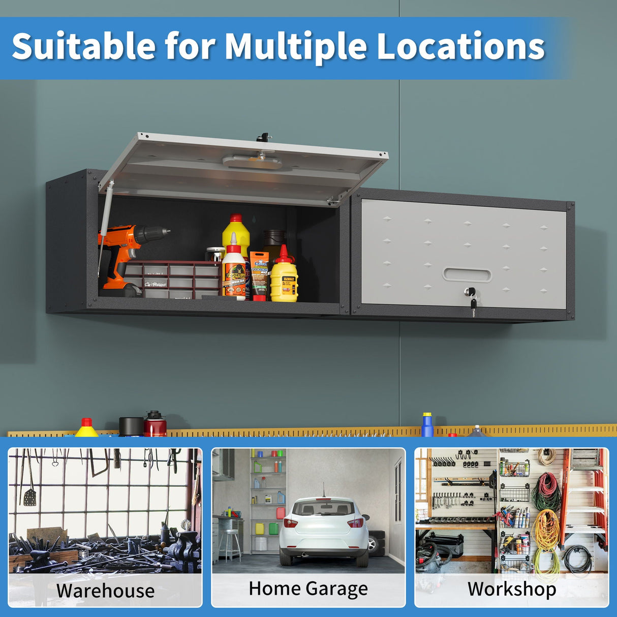 Heavy Duty Metal Wall Mounted Tool Storage Cabinet Steel Metal Garage Storage Cabinet - Black / Gray