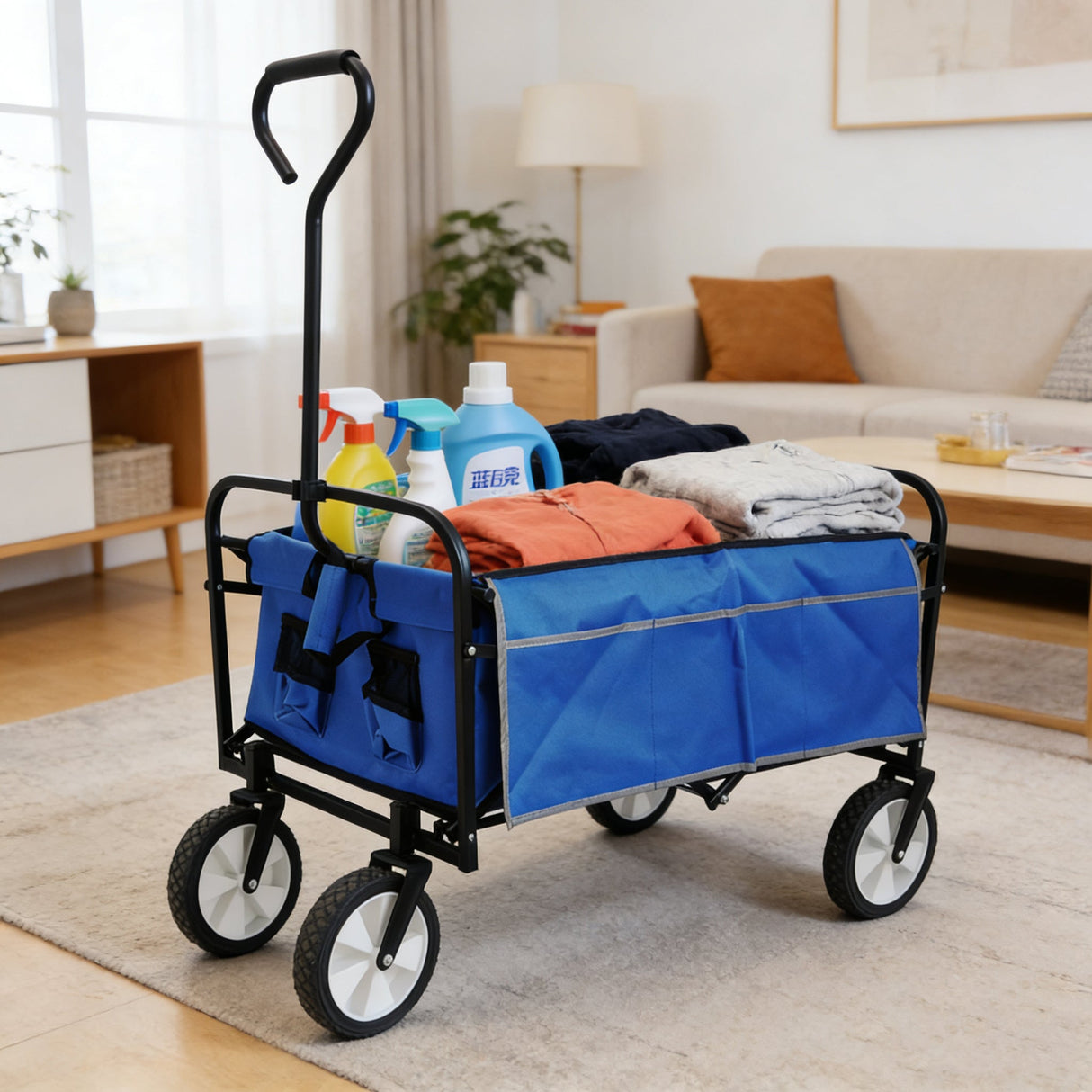 Folding Wagon Garden Shopping Beach Cart (Blue)