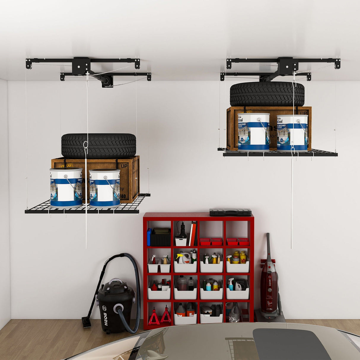 Overhead Garage Storage Rack 4 X 4 Ft for High Ceilings with Safety Lock - Black