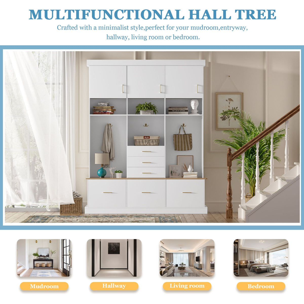 Entryway Hall Tree With Bench And Storage, 5 In 1 Coat Rack