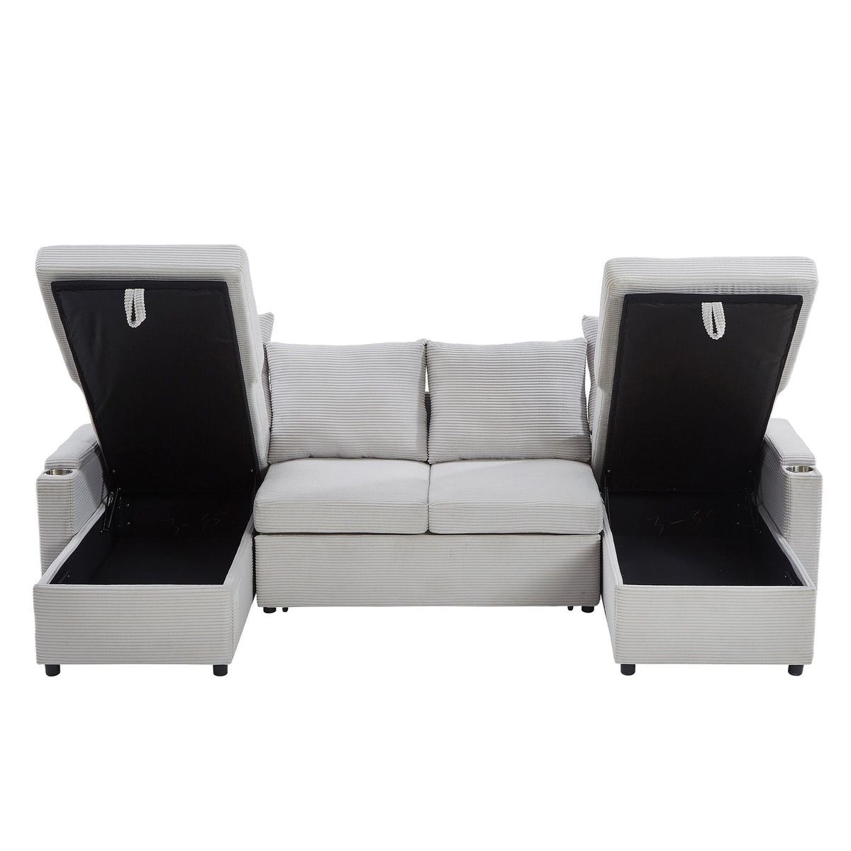 U Shaped Sectional Sofa Bed With Storage Chaise Lounges, USB Ports, And Cup Holders