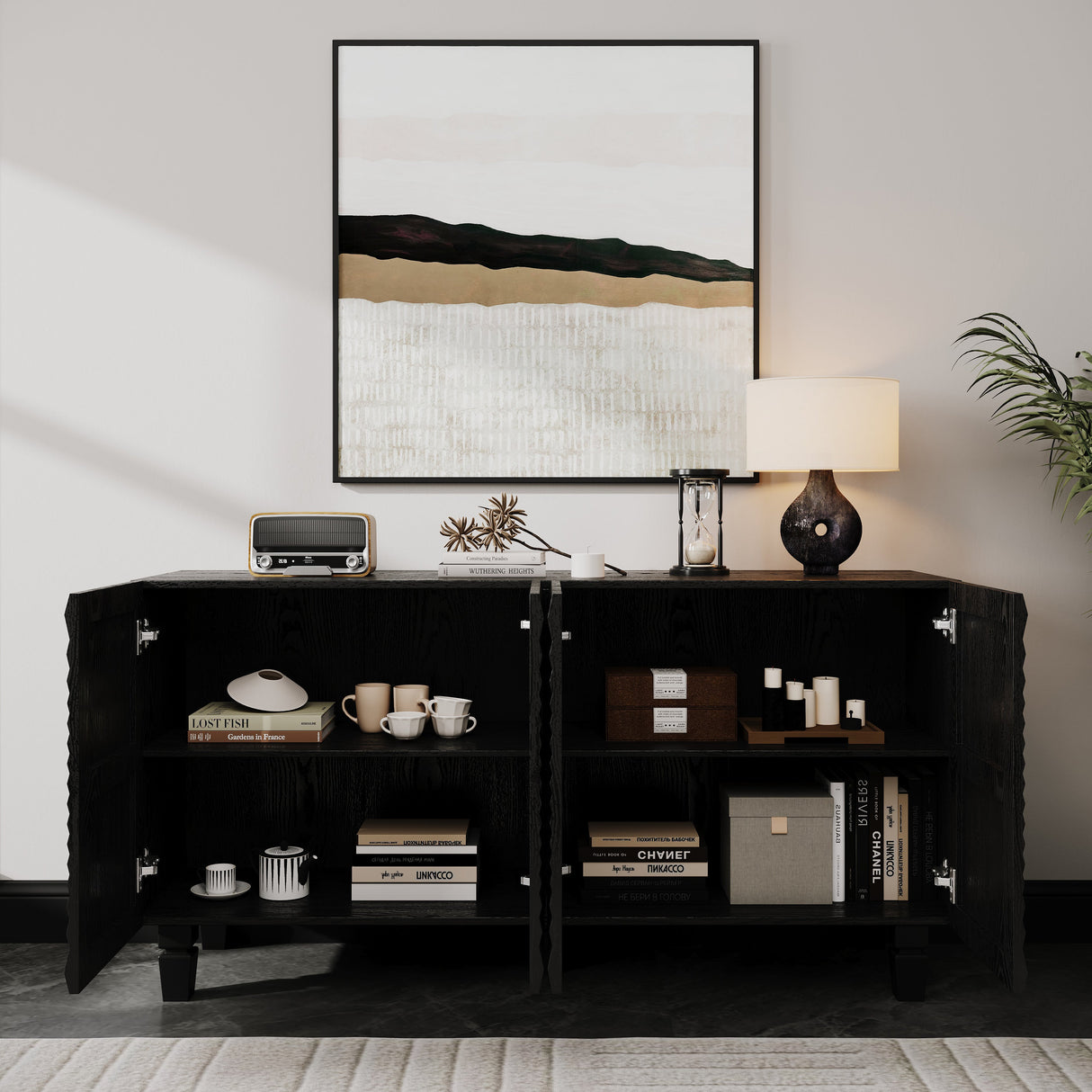 59'' Modern Buffet Sideboard with 4 Sunburst Doors