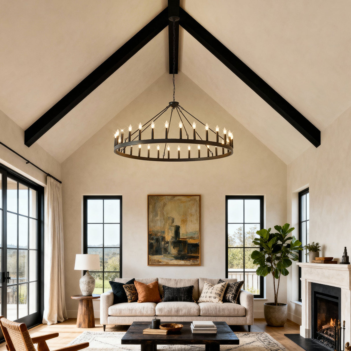 53.15 Inch Matte Black Wagon Wheel Chandelier With 30 Lights