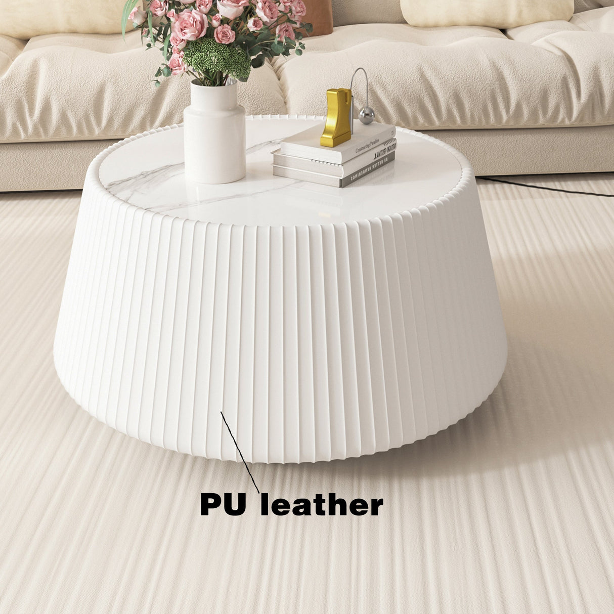 Light Sintered Stone Top Cup Shape Leather Coffee Table