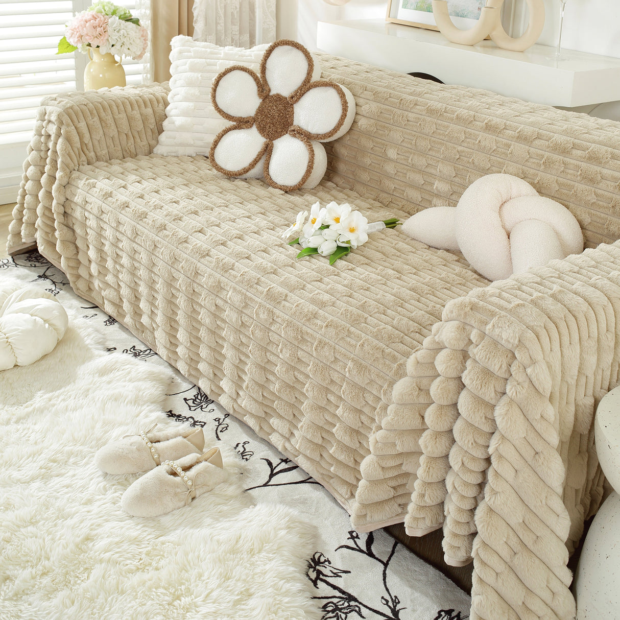 Fluffy Faux Fur Couch Cover Plush Sofa Throw, Warm & Stylish Sofa Protector