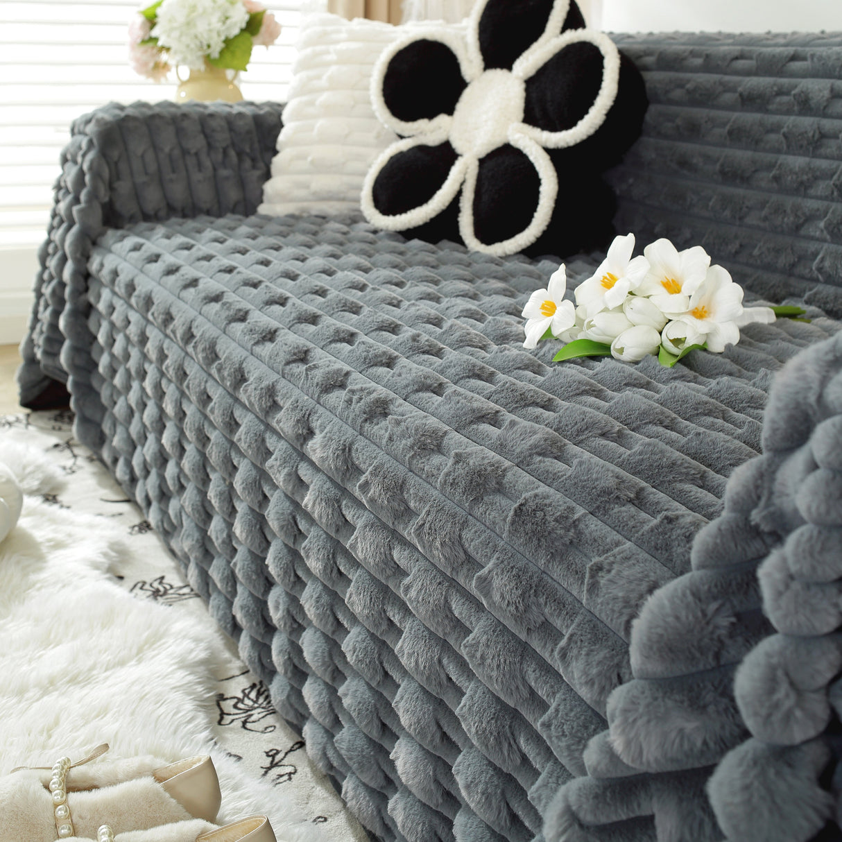 Fluffy Faux Fur Couch Cover Plush Sofa Throw, Warm & Stylish Sofa Protector