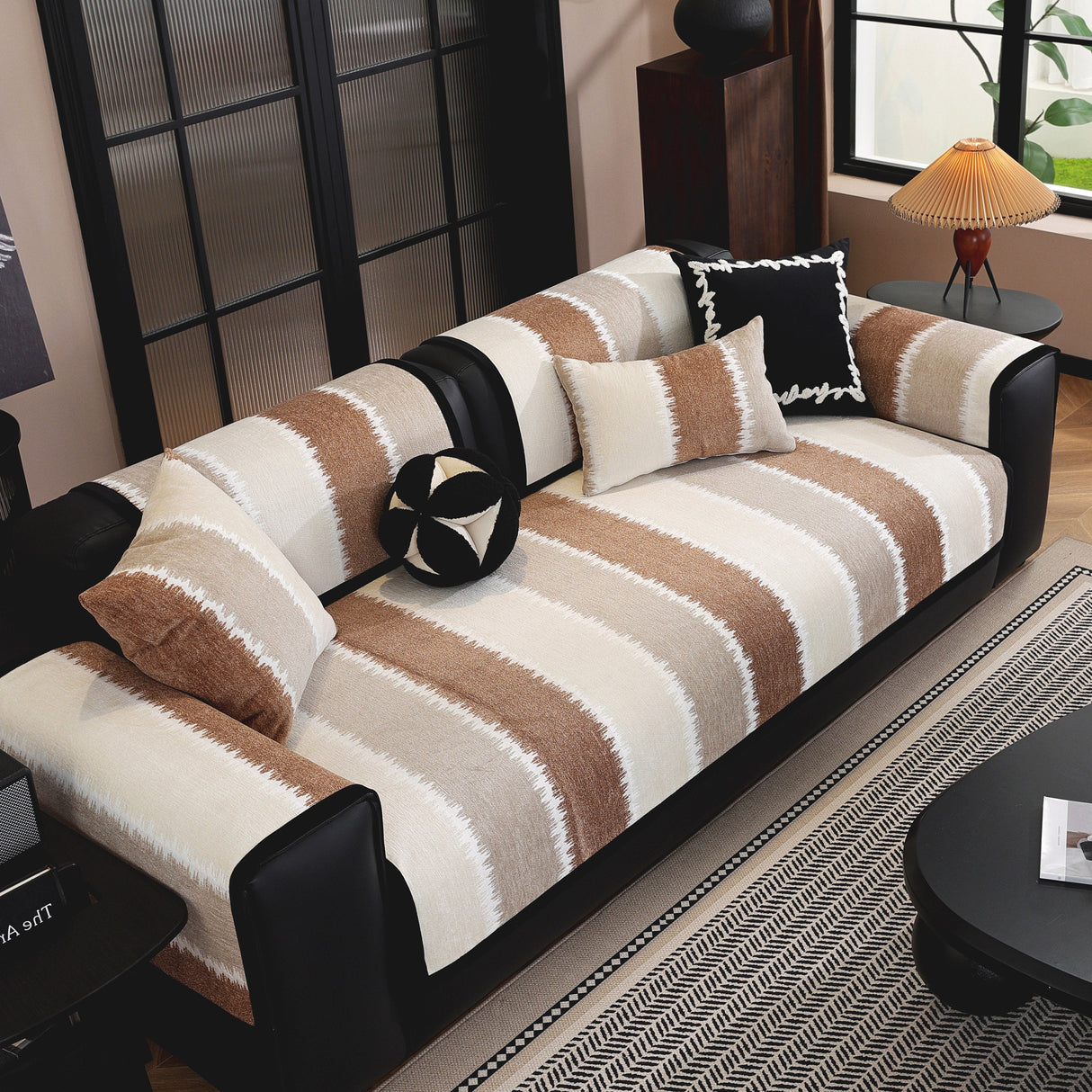 Striped Colorblock Non-Slip Sectional Couch Covers, Chenille Sofa Protector Cover