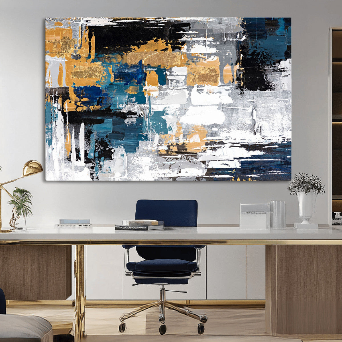 Blue and Gold Abstract Canvas Wall Art – Triptych Modern