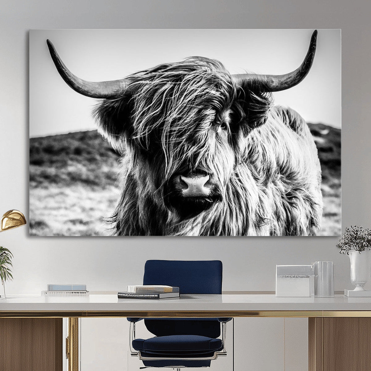 Black and White Scottish Cow Canvas Wall Art Highland Cattle