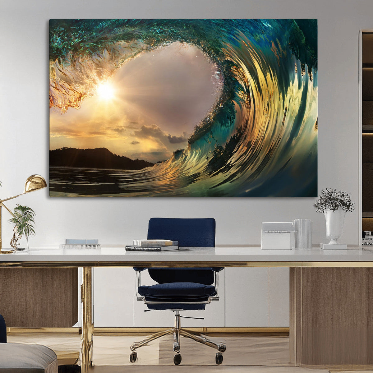 Golden Wave Sunset Canvas Print – Large Coastal Wall Art for