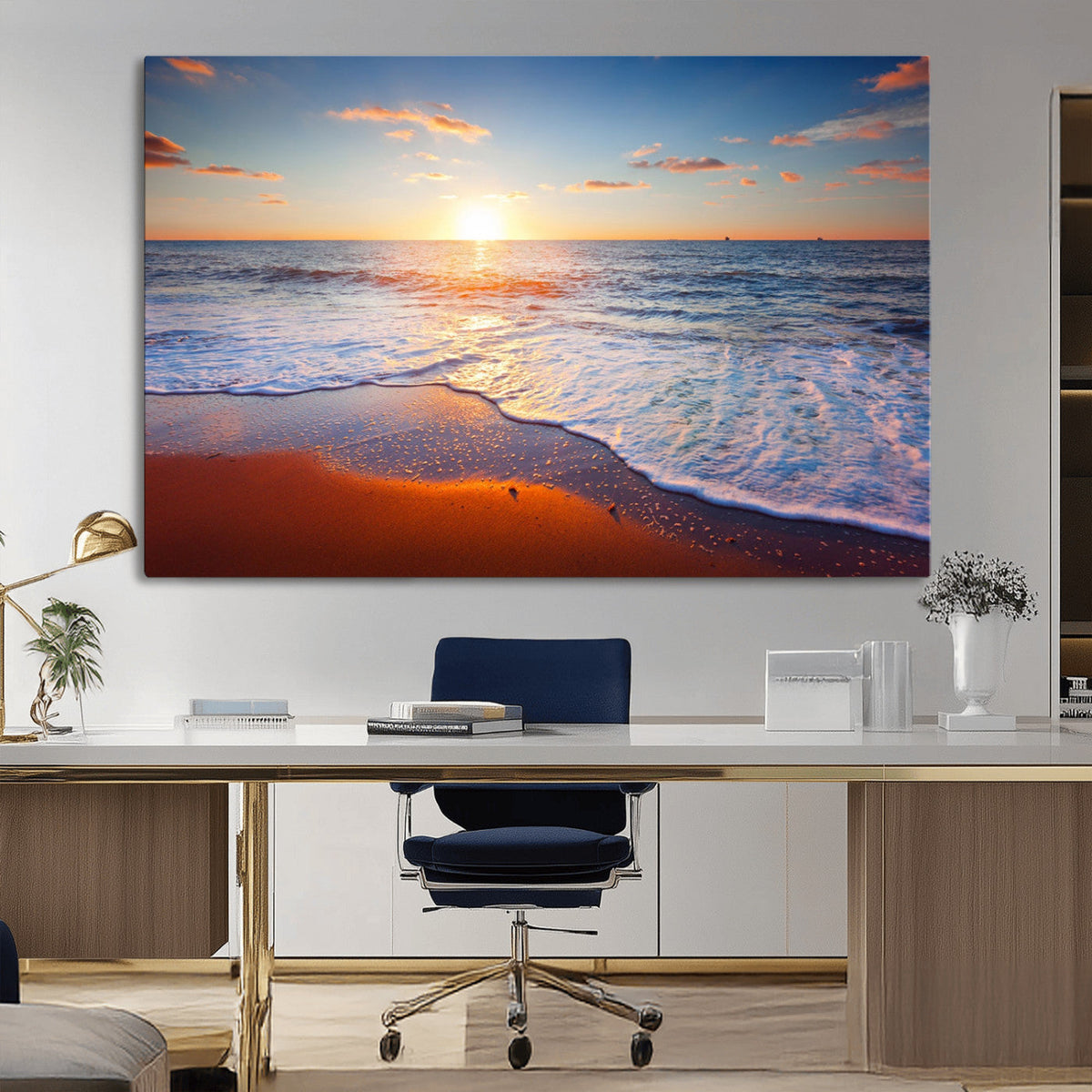 Tropical Ocean Sunset Wall Art Canvas Print, Golden Beach