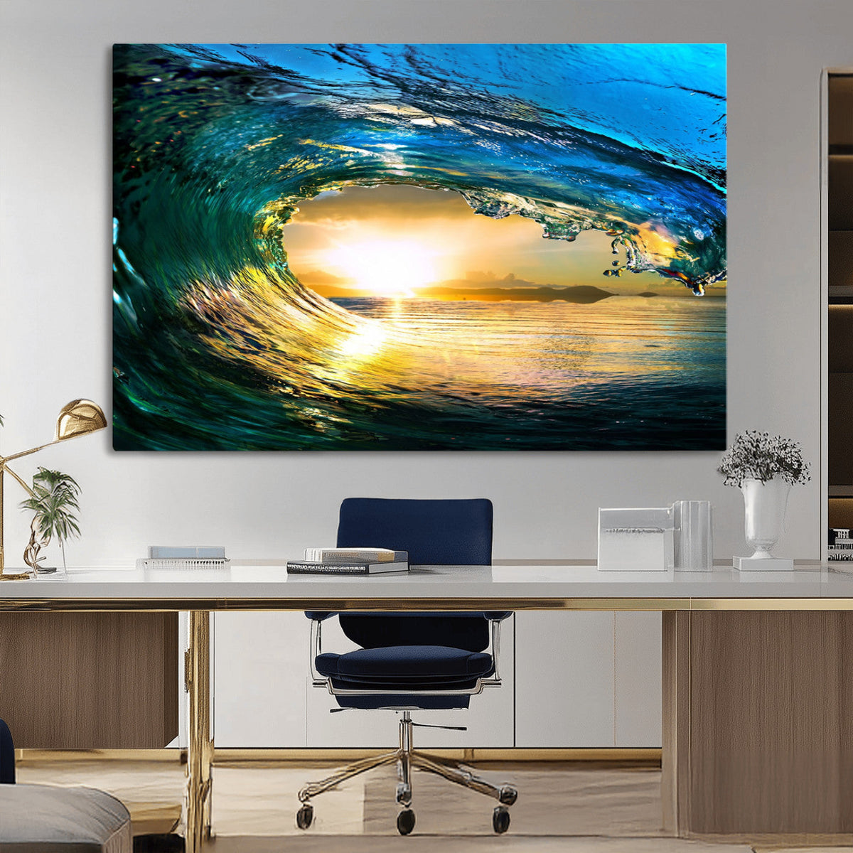 Ocean Wave at Sunset Canvas Art, Large Wall Print of Vibrant