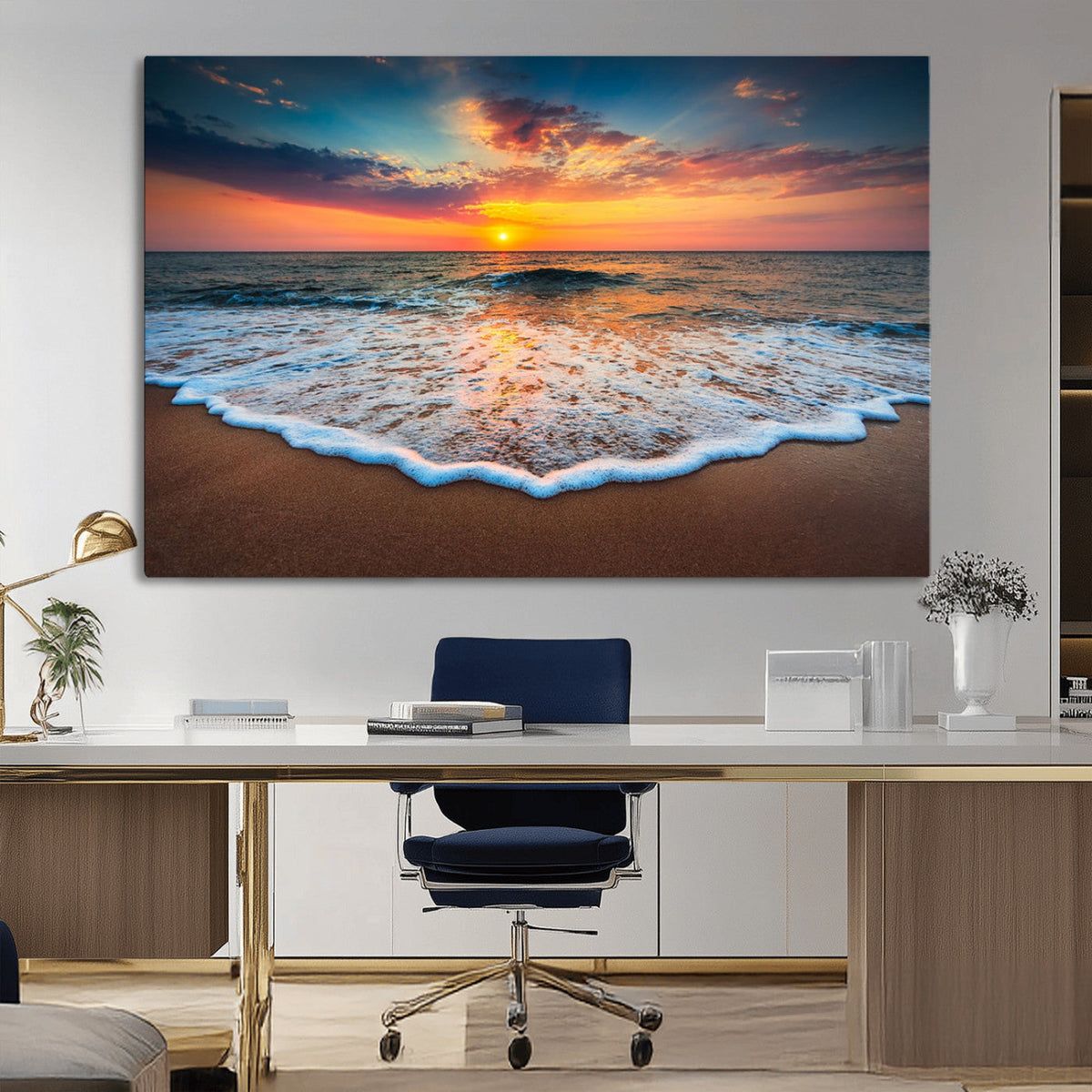 Sunset Beach Canvas Wall Art – Colorful Ocean Waves Triptych
