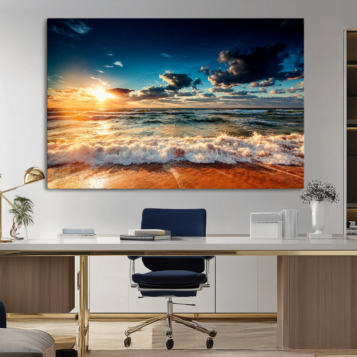 Golden Hour Sunset Over Ocean Waves Wall Art Canvas Print |