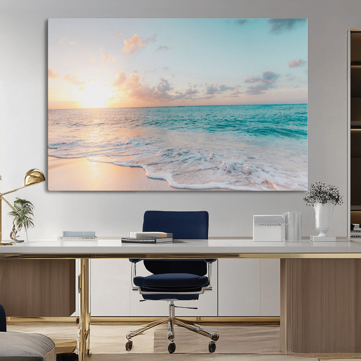 Tranquil Ocean Beach Sunset Canvas Wall Art | 3-Panel