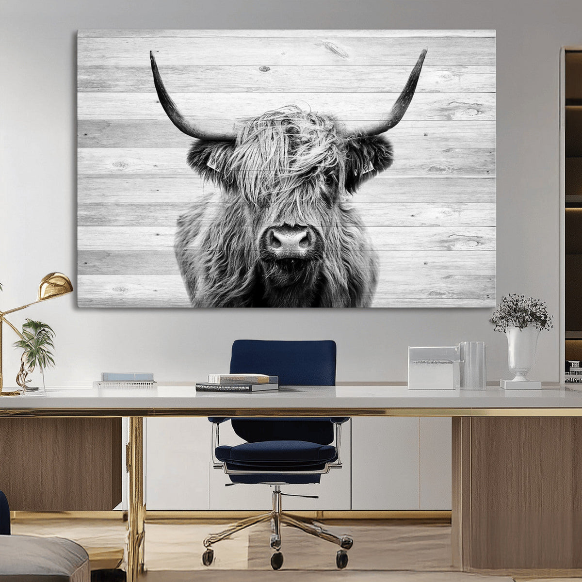 Scottish Highland Cow Cattle Art Print on Wood Background