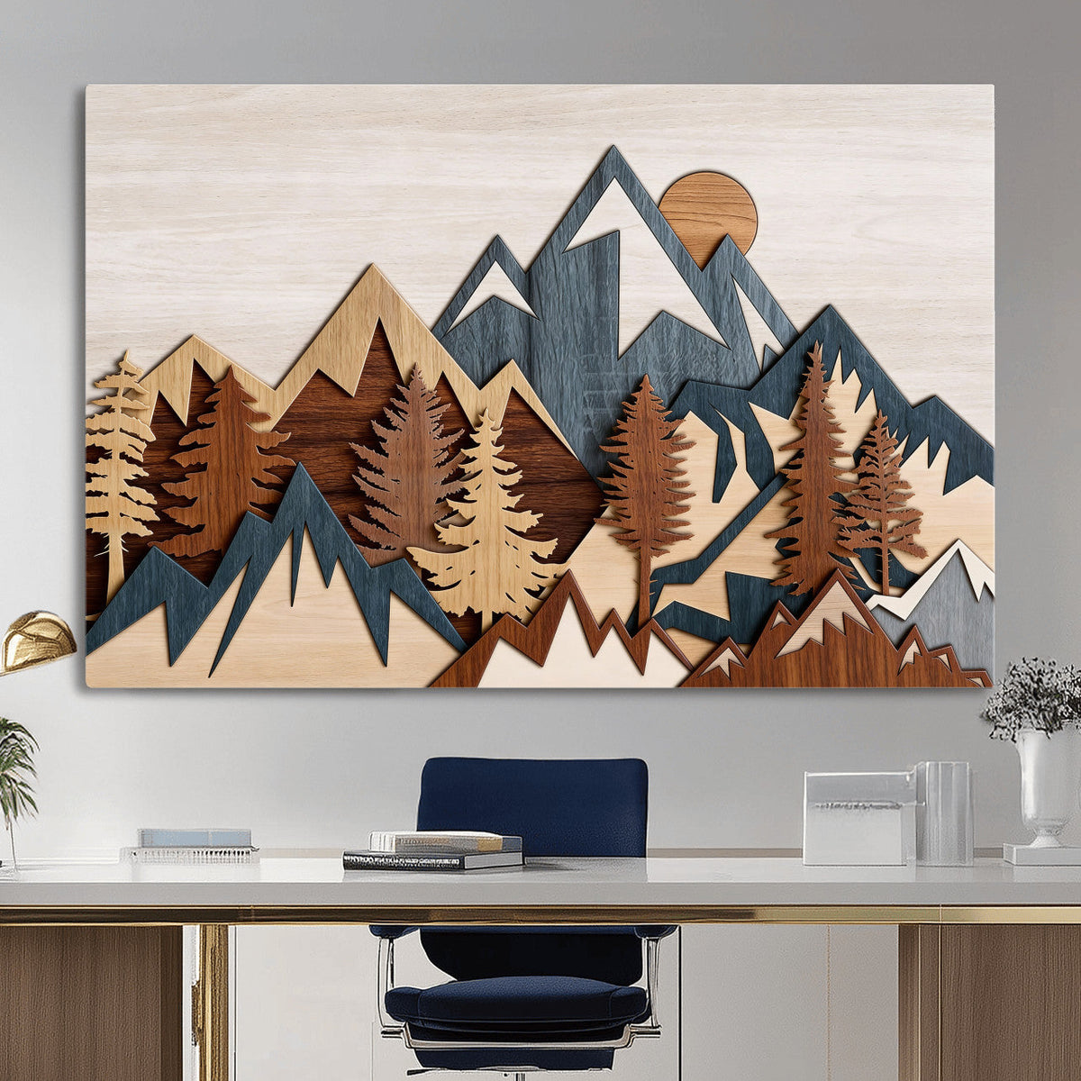 Rustic Abstract Wood Panel Effect Canvas Mountain Range Top