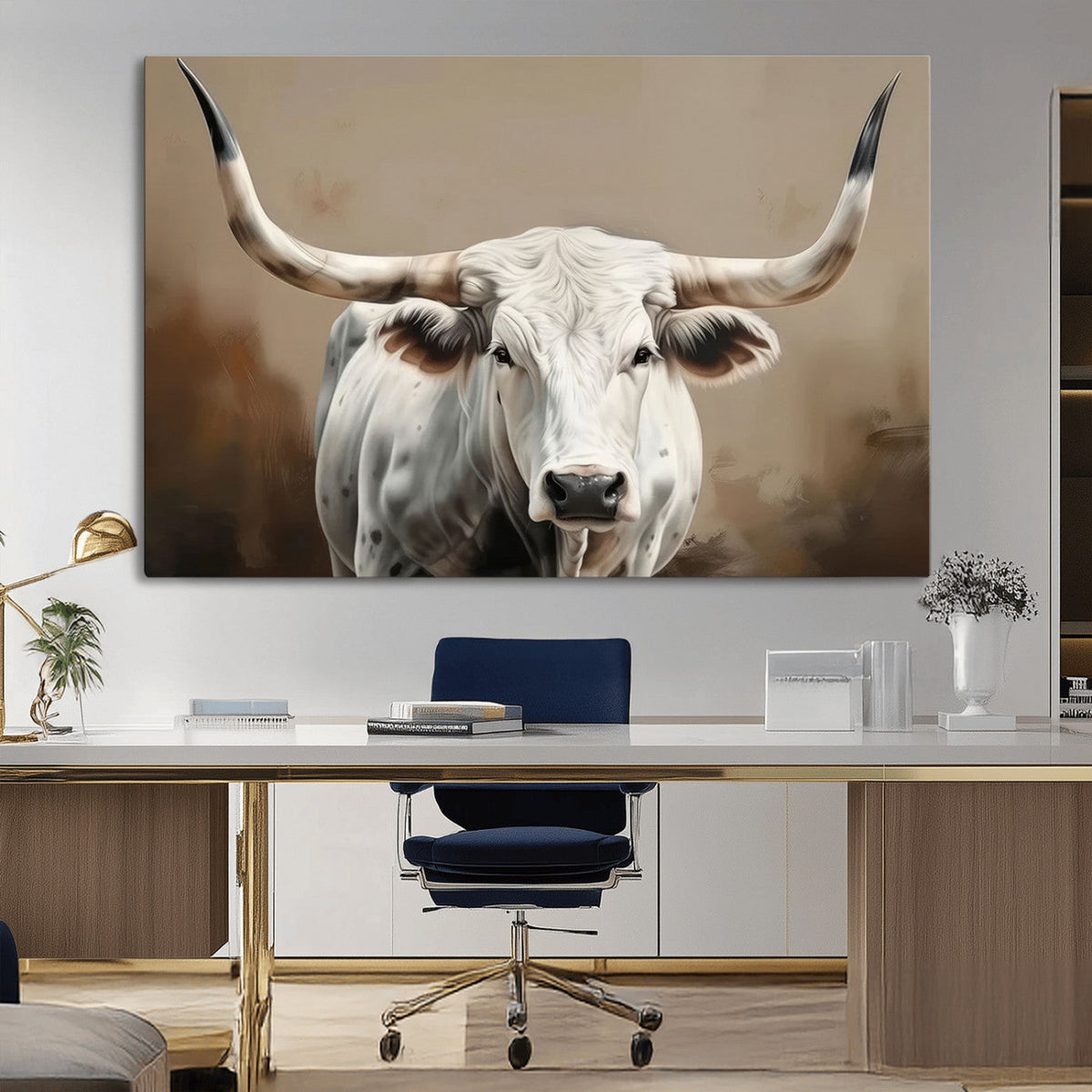 White Longhorn Bull Wall Art Canvas Print – Framed and Ready