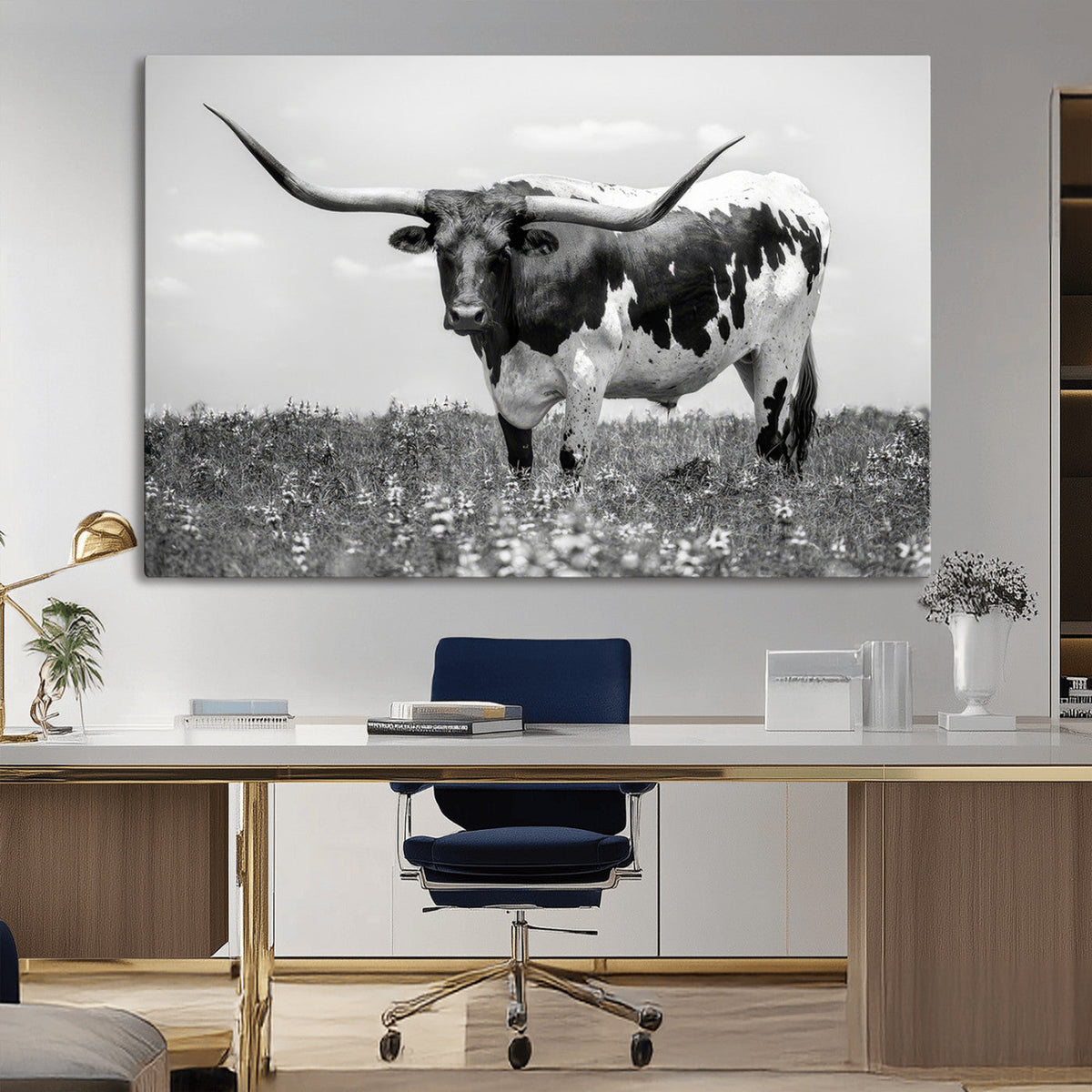 Texas Black White Highland Longhorn Cow Wall Art Canvas
