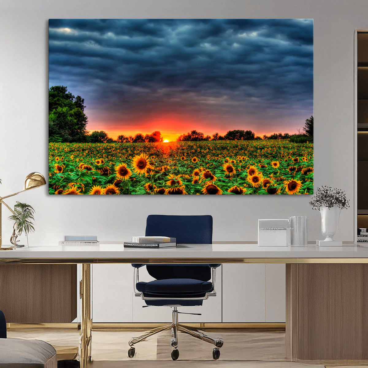 Golden Sunflower Field at Sunset – Breathtaking Sky and