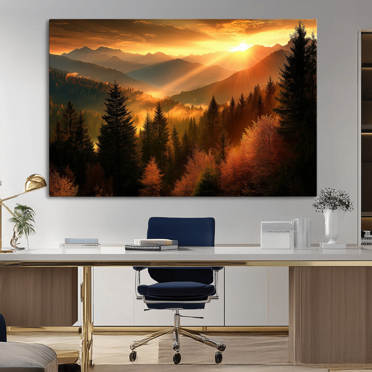 Golden Sunset Over Mountain Forest Canvas Wall Art Print -