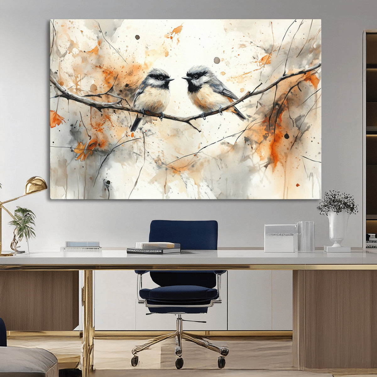 Abstract Watercolor Chickadee Bird Canvas Wall Art Print -