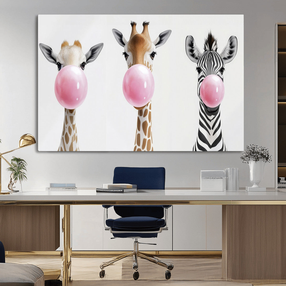 Bubblegum Animals Canvas Wall Art - Playful Giraffe and