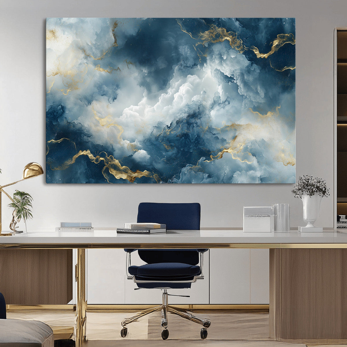 Large Abstract Print - Luxe Blue and Gold Abstract Canvas