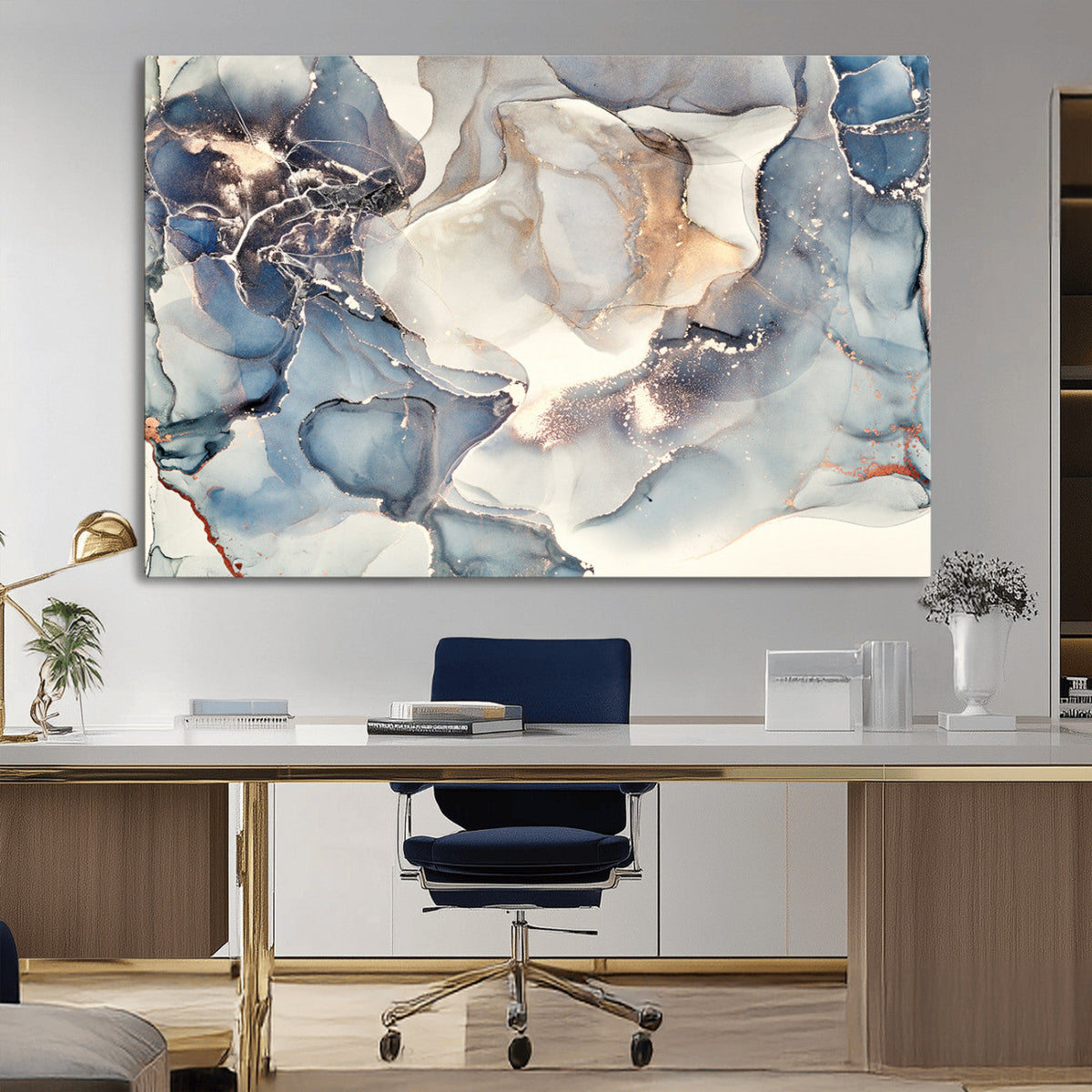 Abstract Blue and Gold Canvas Wall Art - Fluid Modern Ink