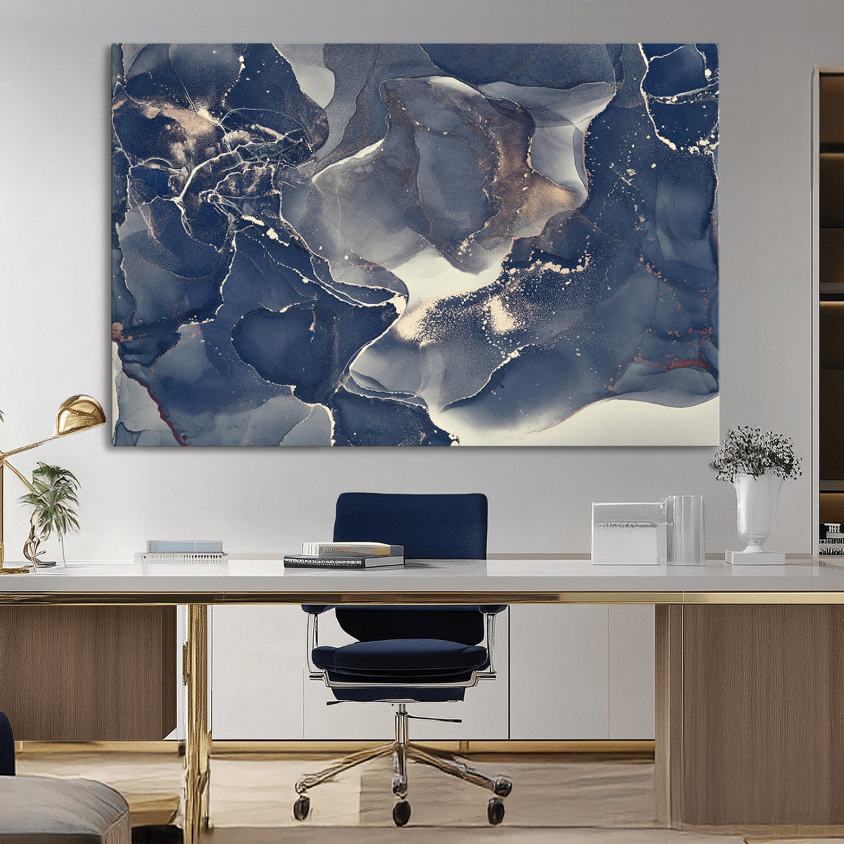 Large Abstract Blue and Gold Canvas Wall Art Fluid Ink