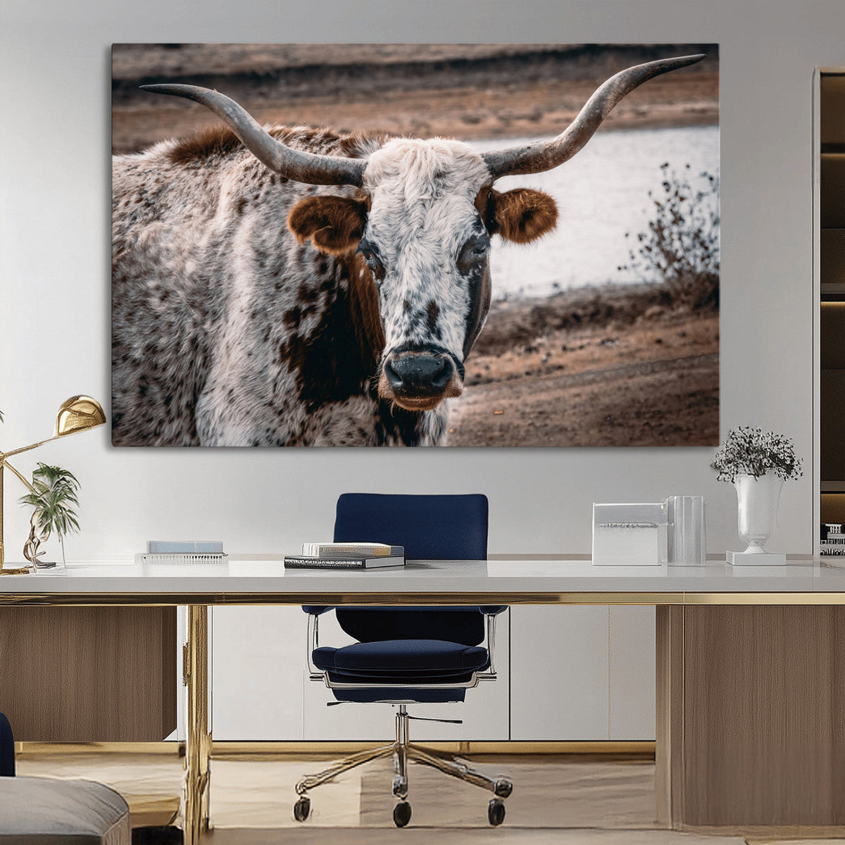 Texas Longhorn Wall Art Canvas Print – Framed Spotted Bull