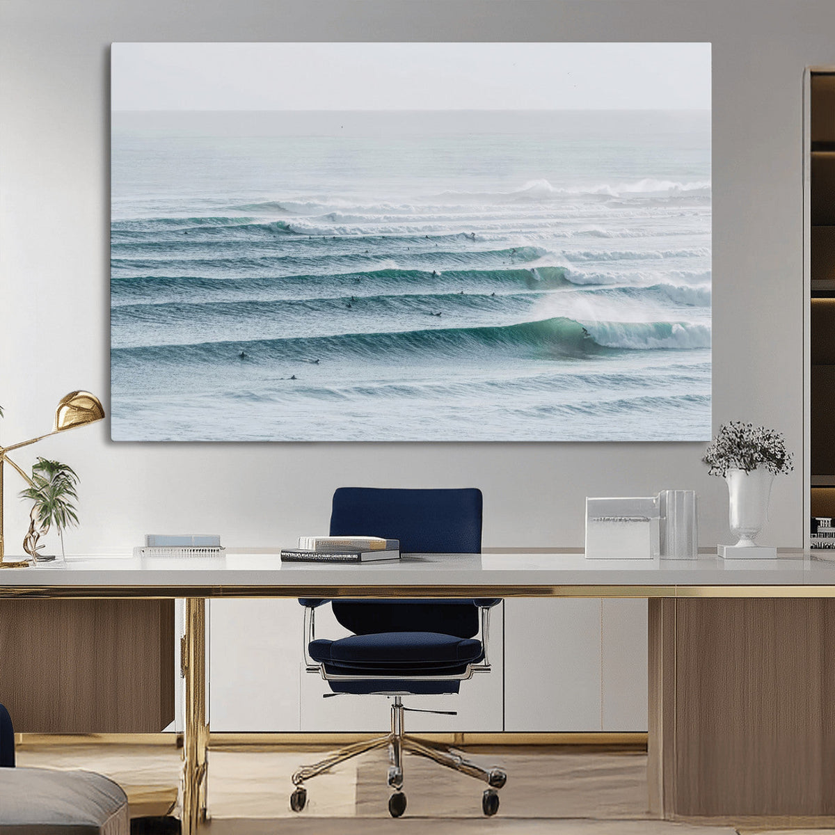 Ocean Waves Wall Art Canvas Print – Framed Surfer Lineup