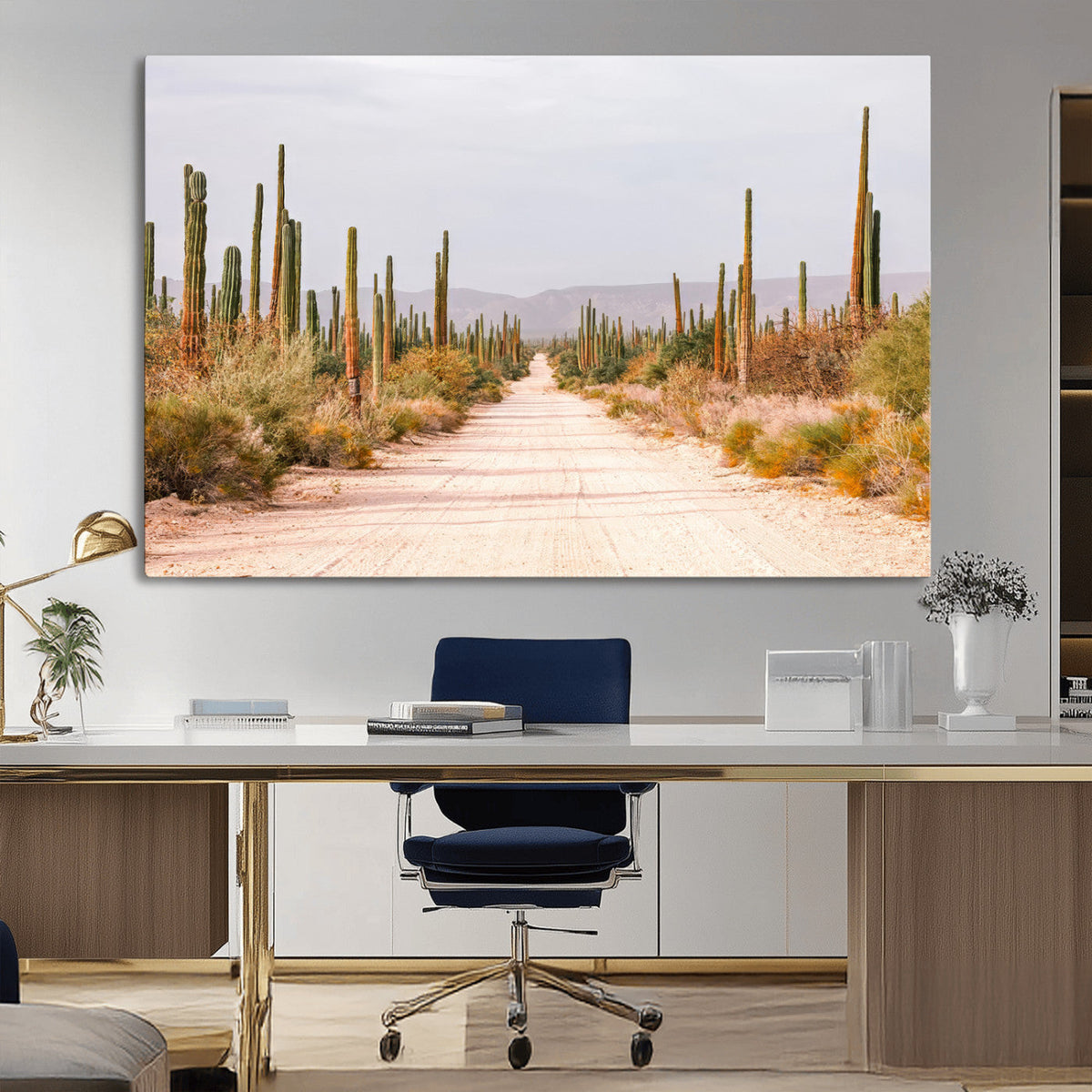 Desert Cactus Lined Road Wall Art Canvas Print – Framed