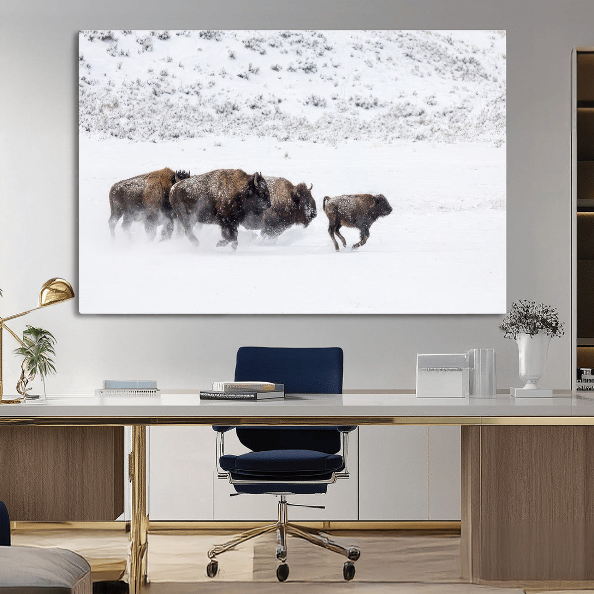 Bison Herd Decor Wall Art Canvas Print – Framed Snowy Bison