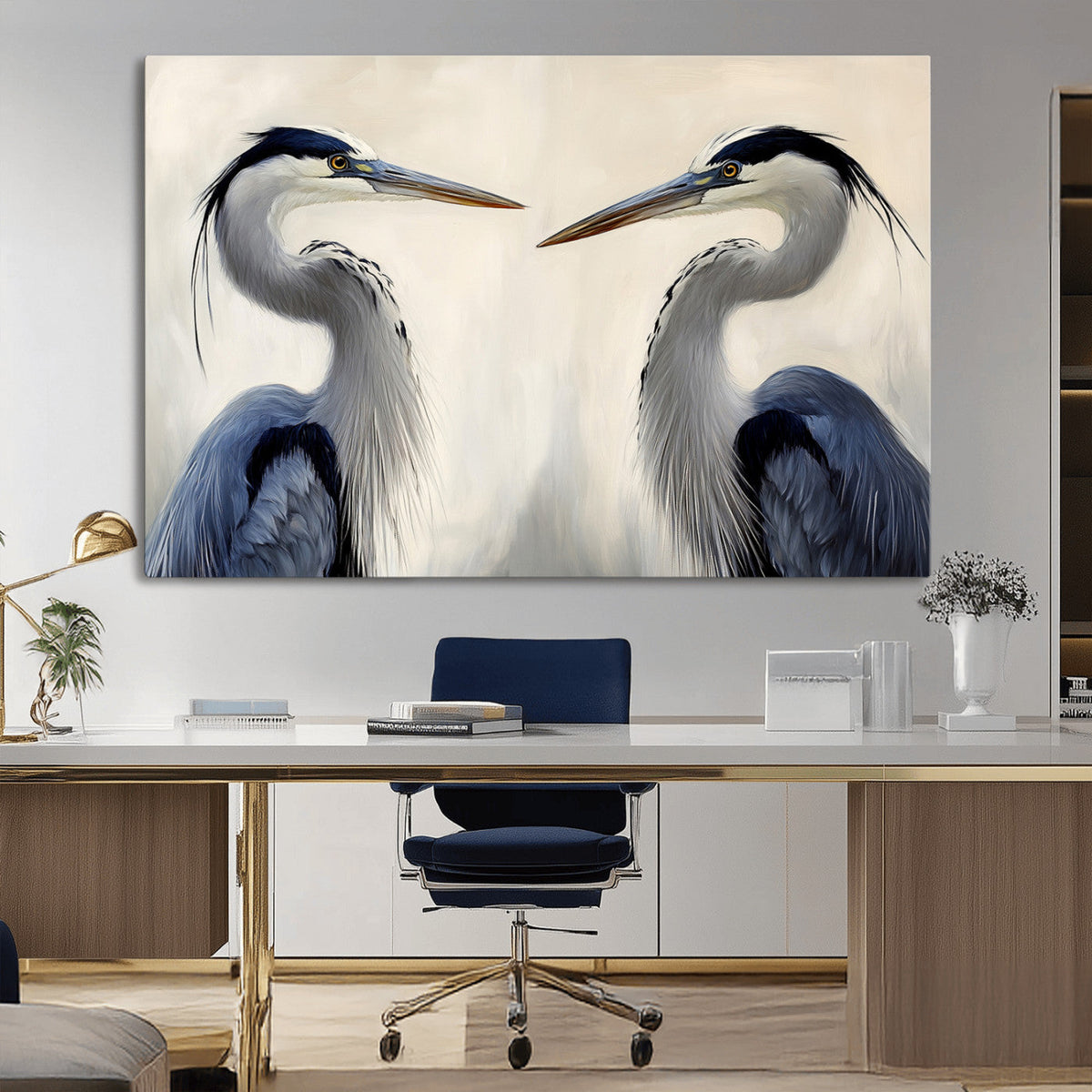 Blue Heron Pair Wall Art Canvas Print, Framed Coastal Bird