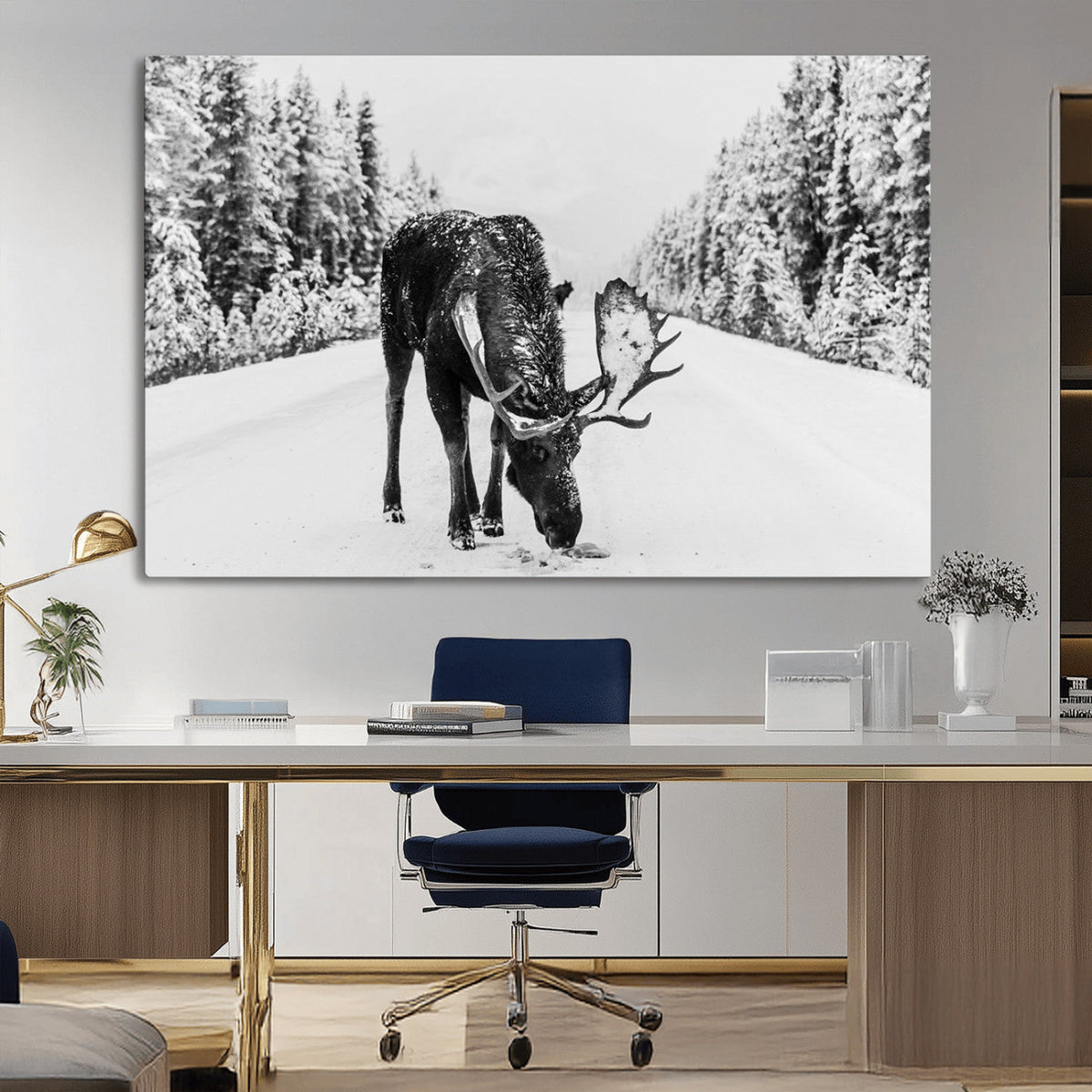 Moose Wall Art Canvas Print – Winter Snowy Forest Antlers