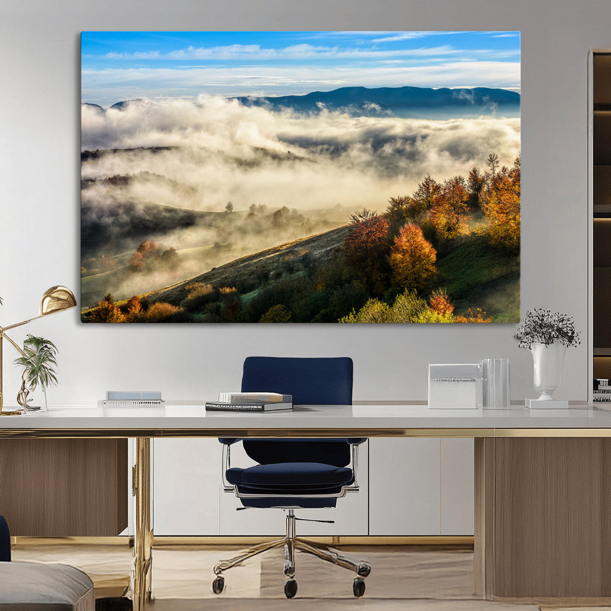Misty Autumn Hills Wall Art Canvas Print, Foggy Forest