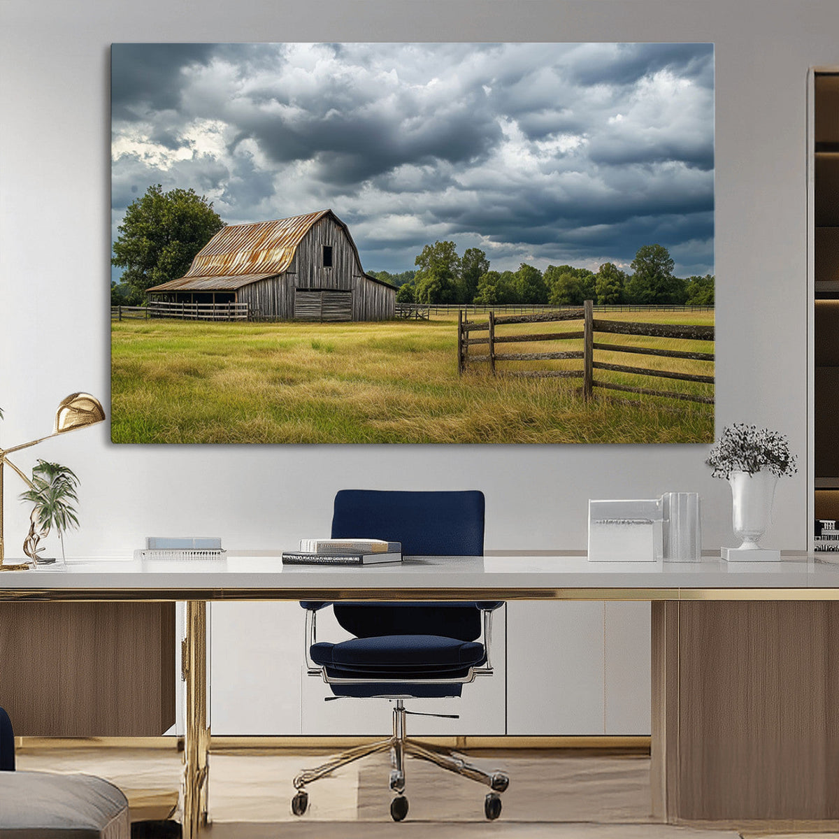 Rustic Stormy Barn Wall Art Canvas Print, Moody Country Farm