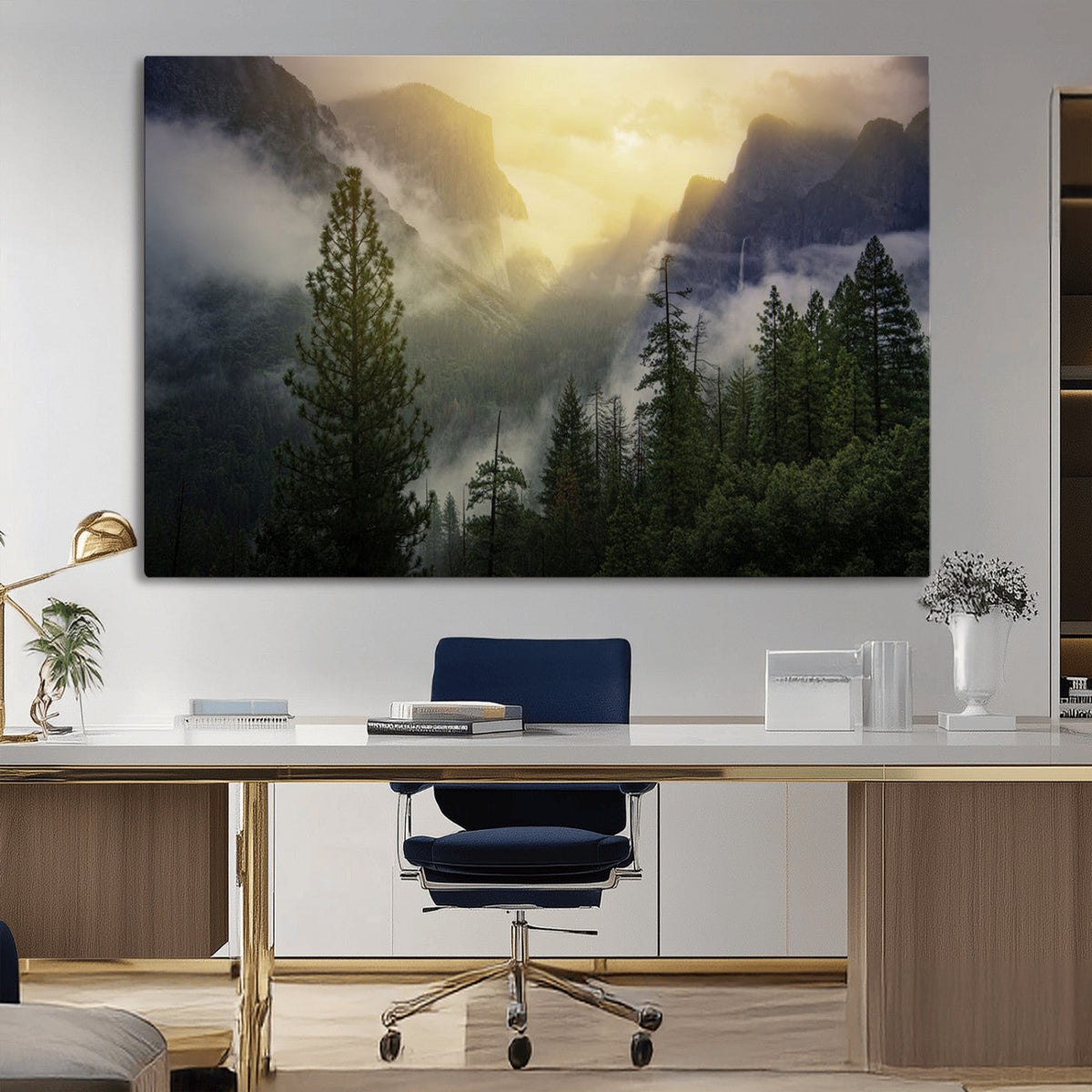 Misty Mountain Valley Wall Art Canvas Print, Golden Sunrise