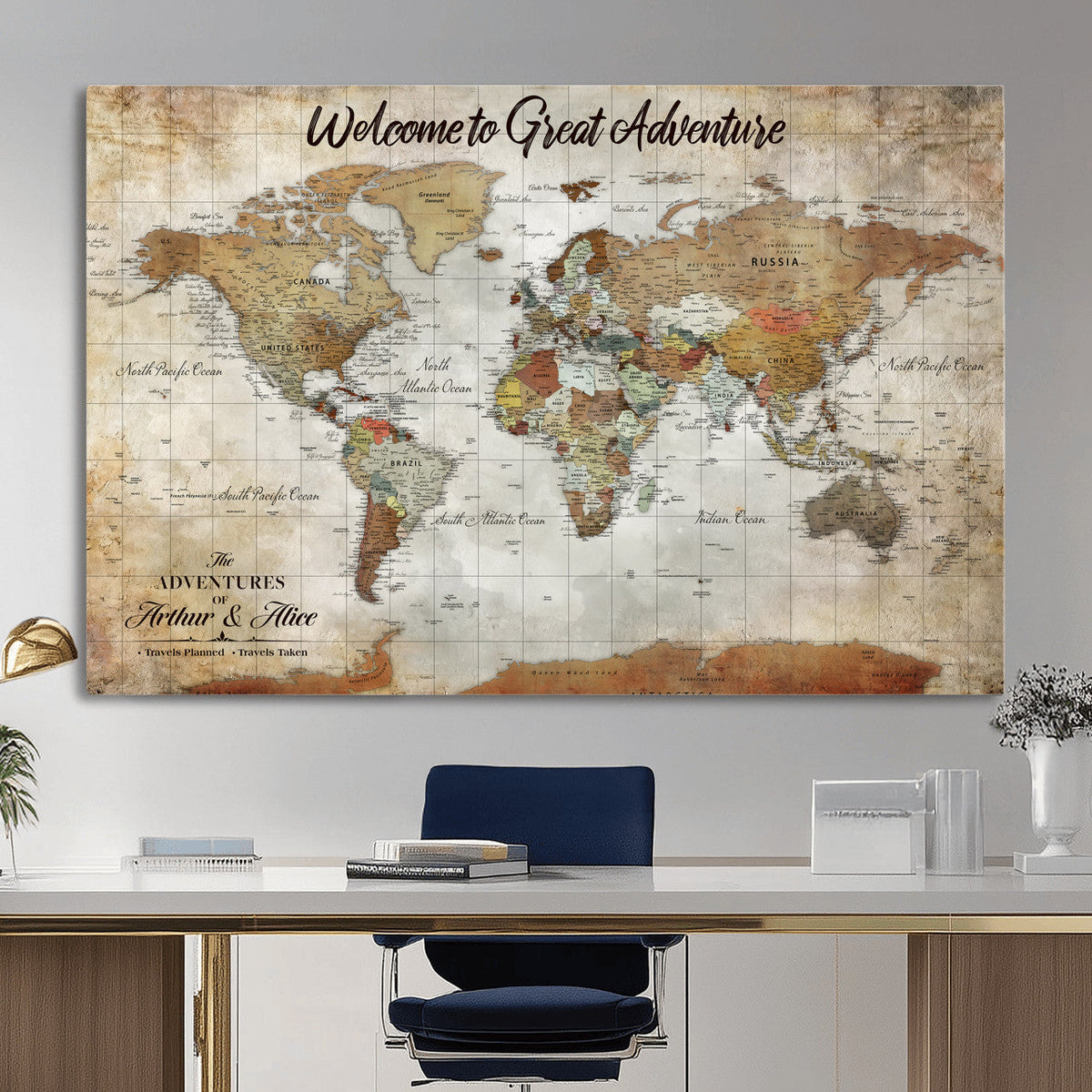 Personalized World Map Wall Art Canvas Print – Custom Push