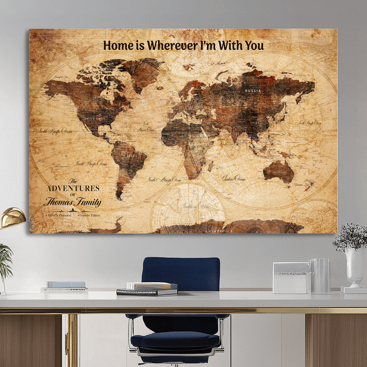 Custom Vintage World Map Canvas Wall Art – Custom Framed