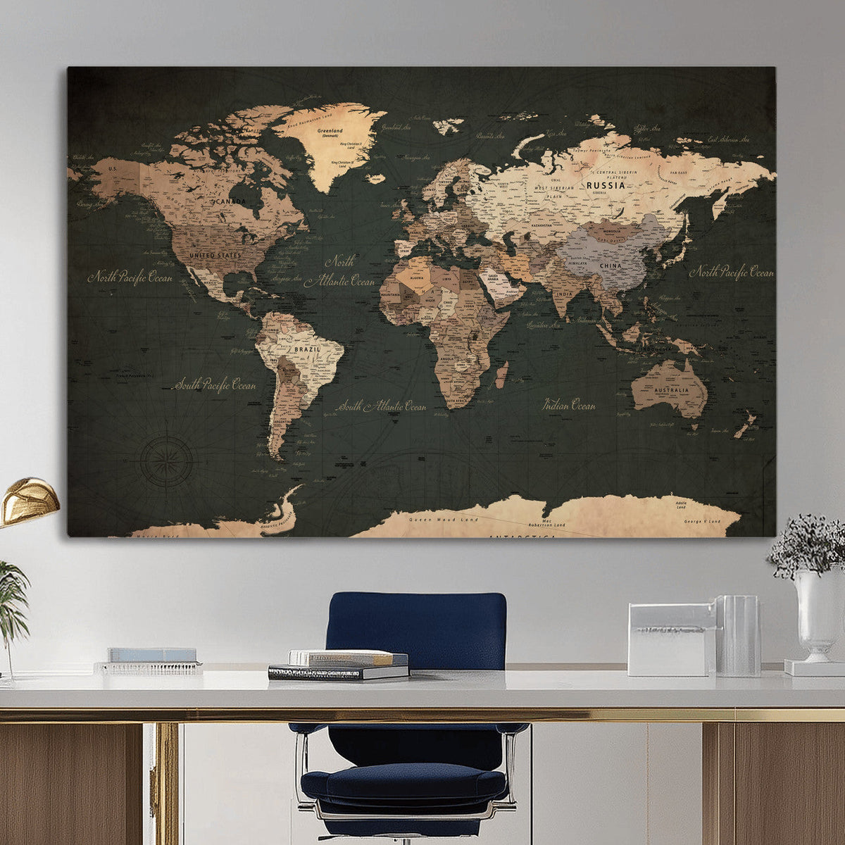 Vintage World Map Canvas Wall Art – Framed Travel Map for
