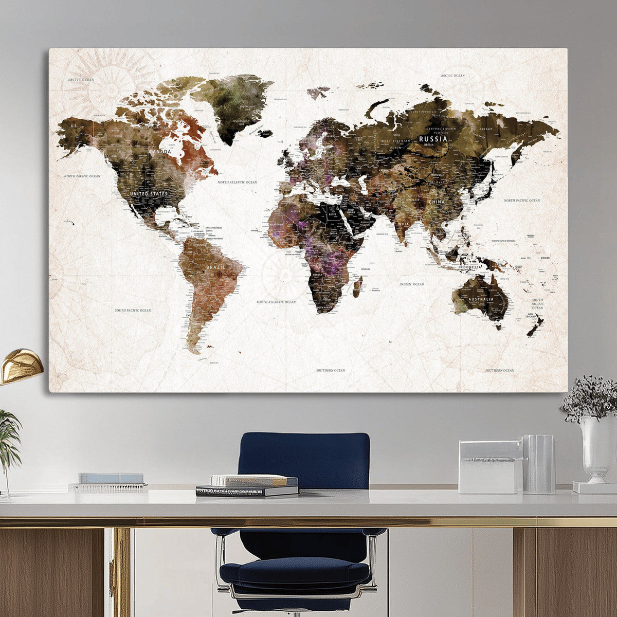 Watercolor World Map Print - Large Wall Art Canvas Print for