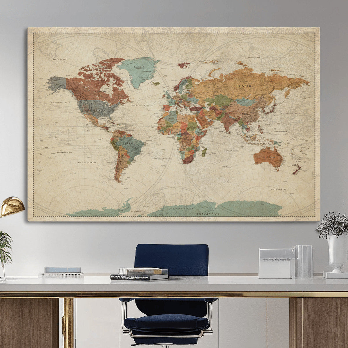 Vintage World Map Canvas Wall Art Print – Framed Modern