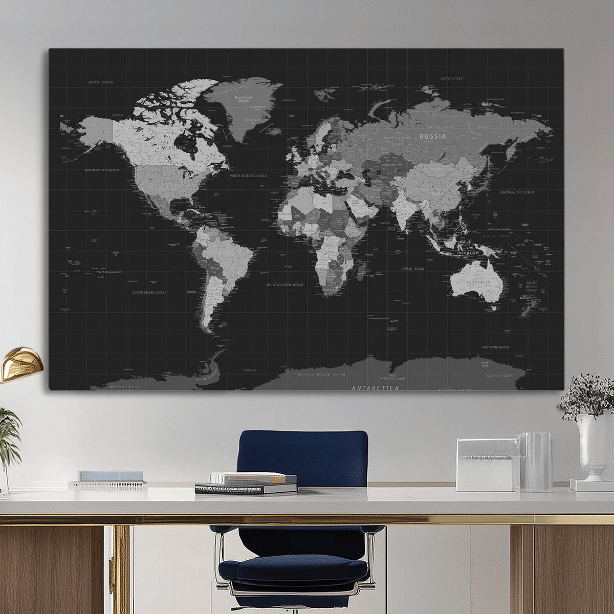 Black World Map Wall Art Canvas Print – Detailed Map of the