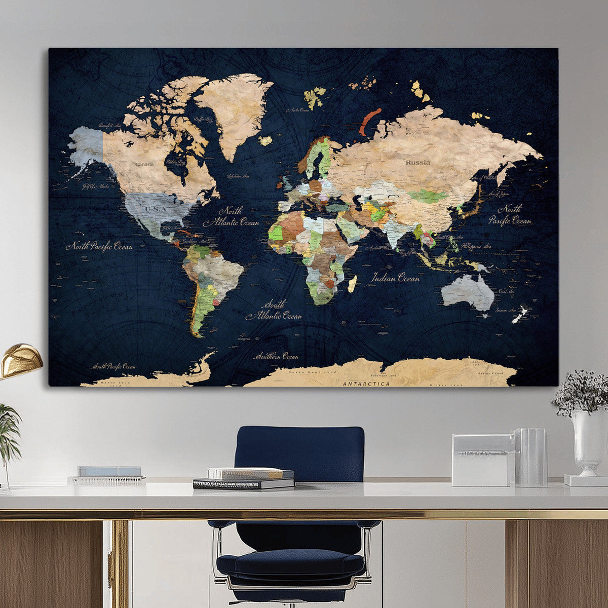 Minimalist World Map Canvas Wall Art - Watercolor Blue and